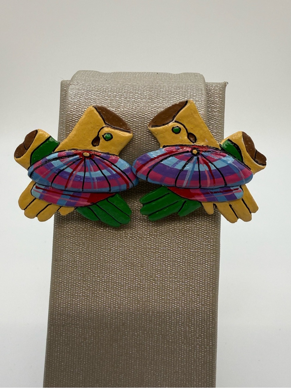 Vintage Hand Painted Wood Parrot Umbrella Clip On Earrings Colorful